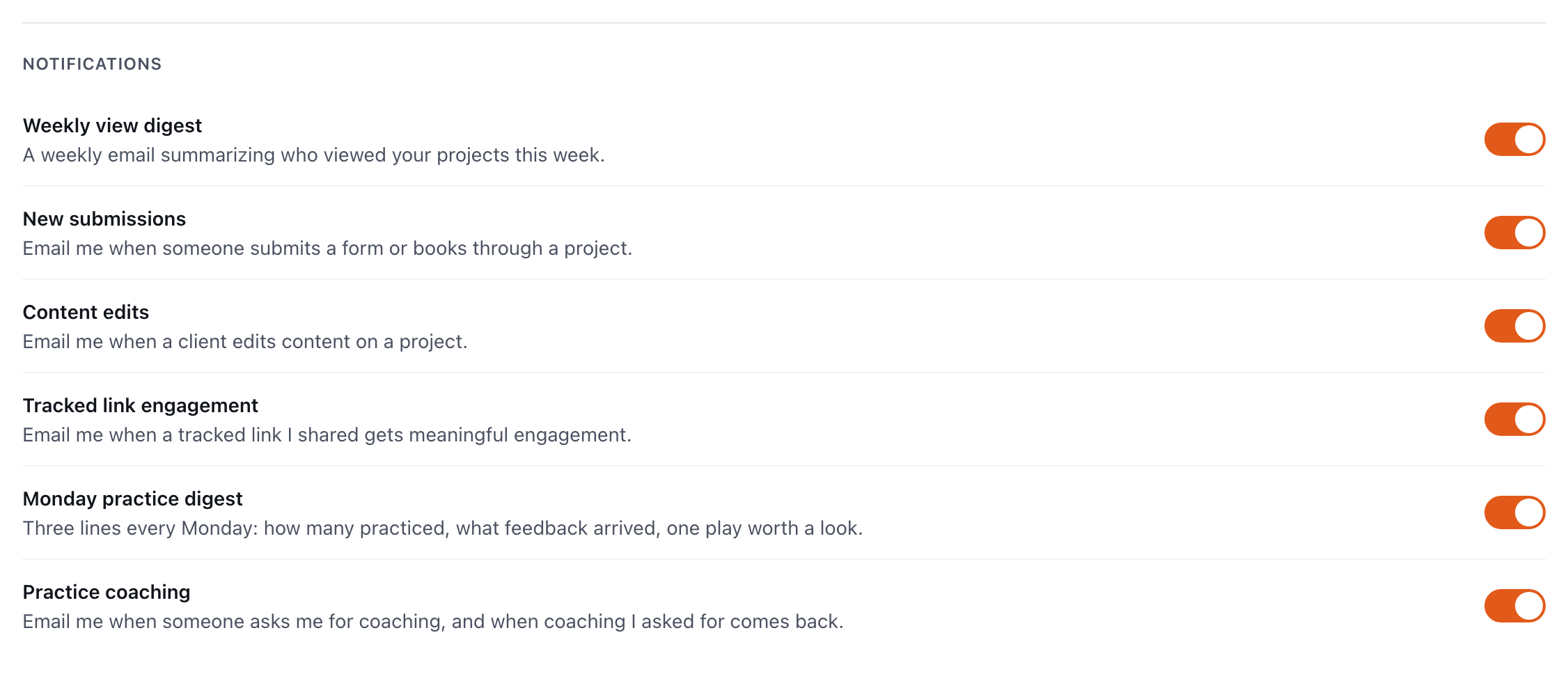 The Notifications section with six switches on, from Weekly view digest to Practice coaching.