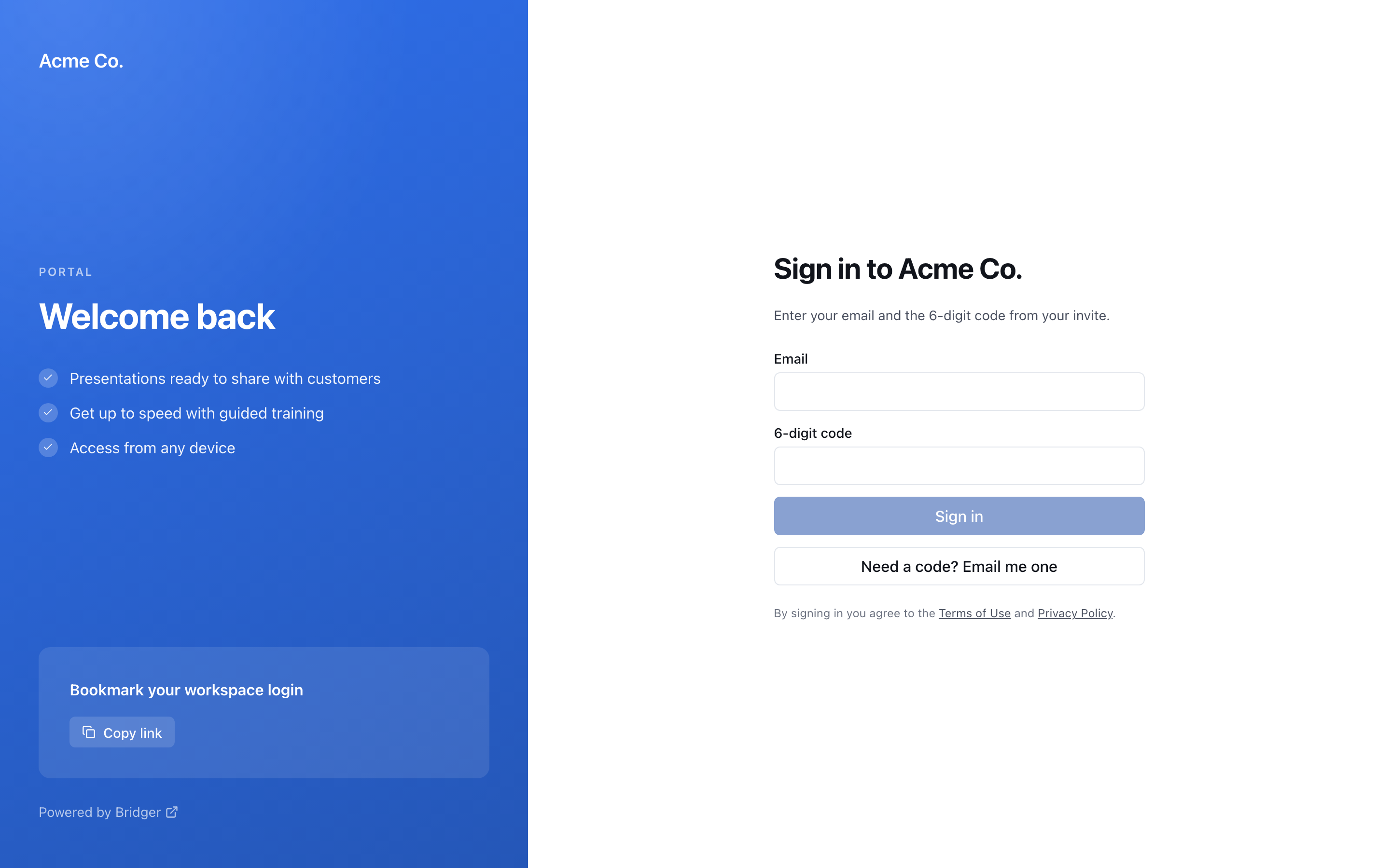 The Acme Co. sign-in page: a branded panel on the left and, on the right, Sign in to Acme Co. with empty Email and 6-digit code fields, a Sign in button and Need a code? Email me one.