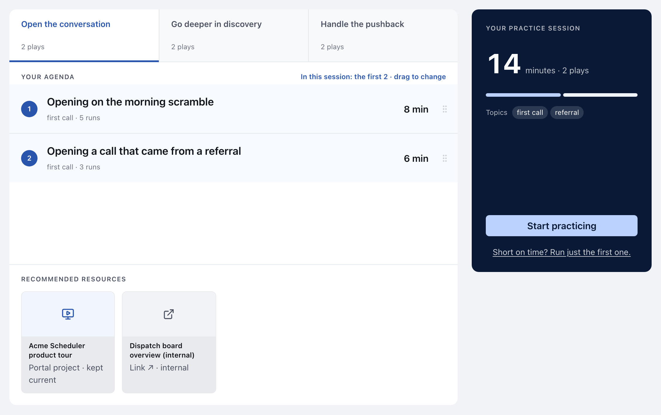 Sales stages with Open the conversation selected, the agenda's rows marked as in this session, and the Your practice session panel with 14 minutes, 2 plays and topics.