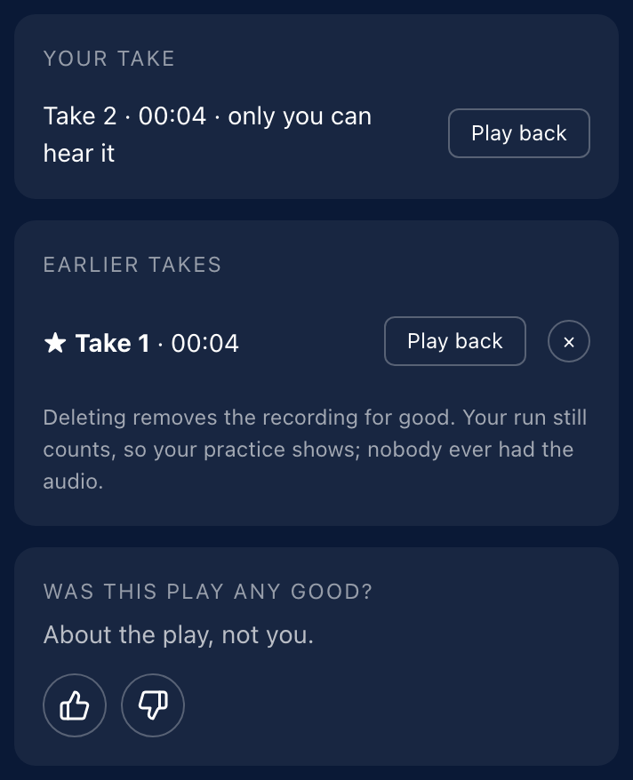 The run sidebar on Review: Your take, Take 2, with Play back, and Earlier takes listing a starred Take 1 with Play back and a delete ×.