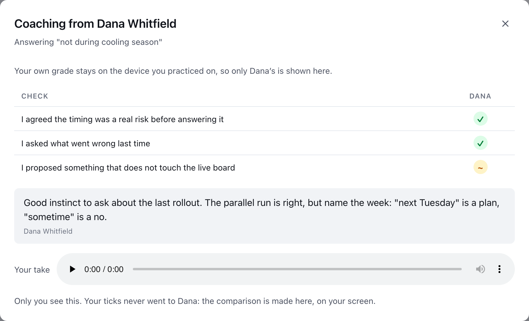 The Coaching from Dana Whitfield window with the checks, Dana's marks, her note and the take's player.