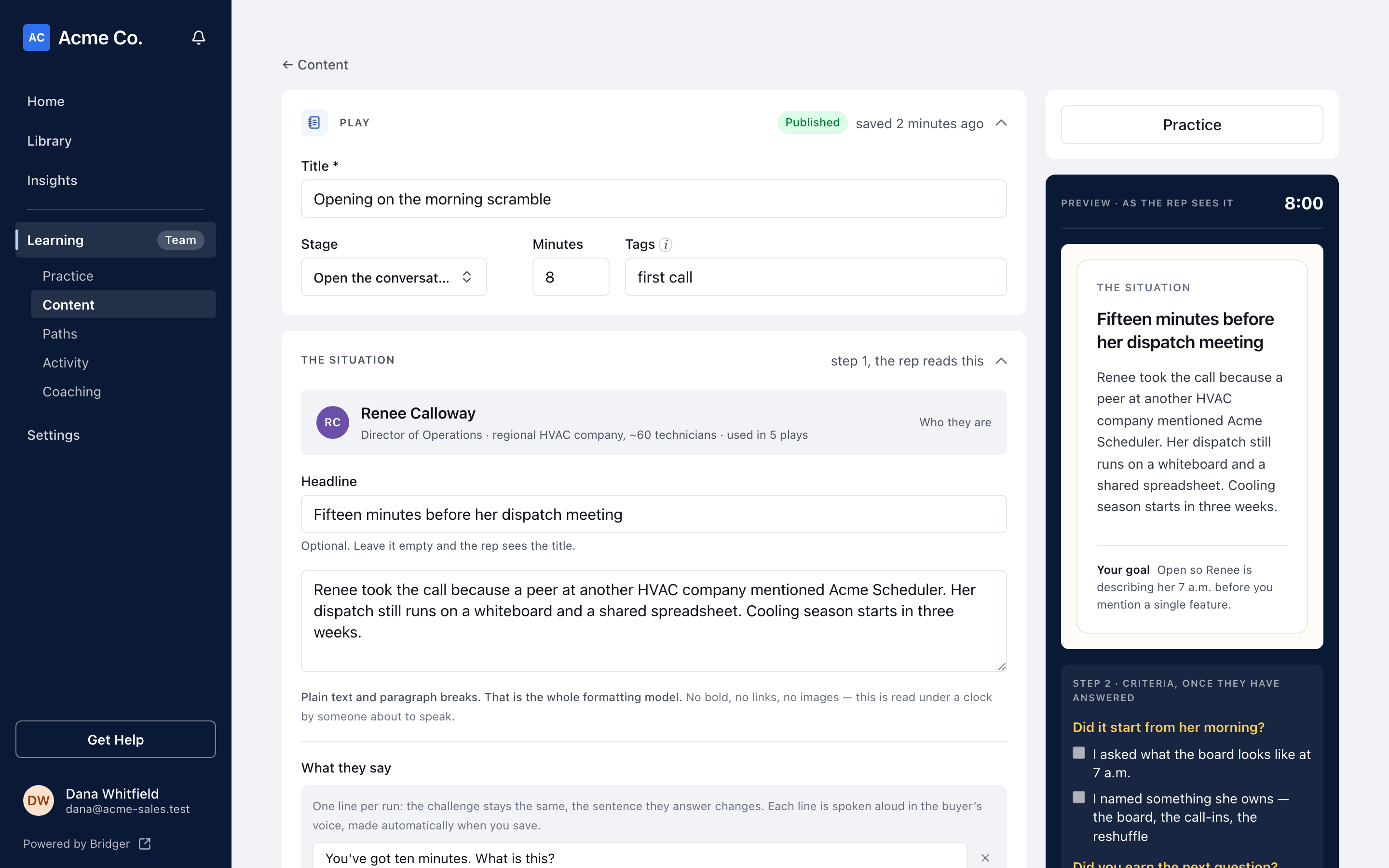 The play editor for Opening on the morning scramble with title, stage, minutes and tags, the situation and buyer, and on the right Practice above a preview of what the rep sees.